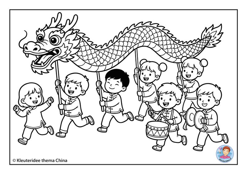 Kleurplaat drakendans thema China kleuteridee